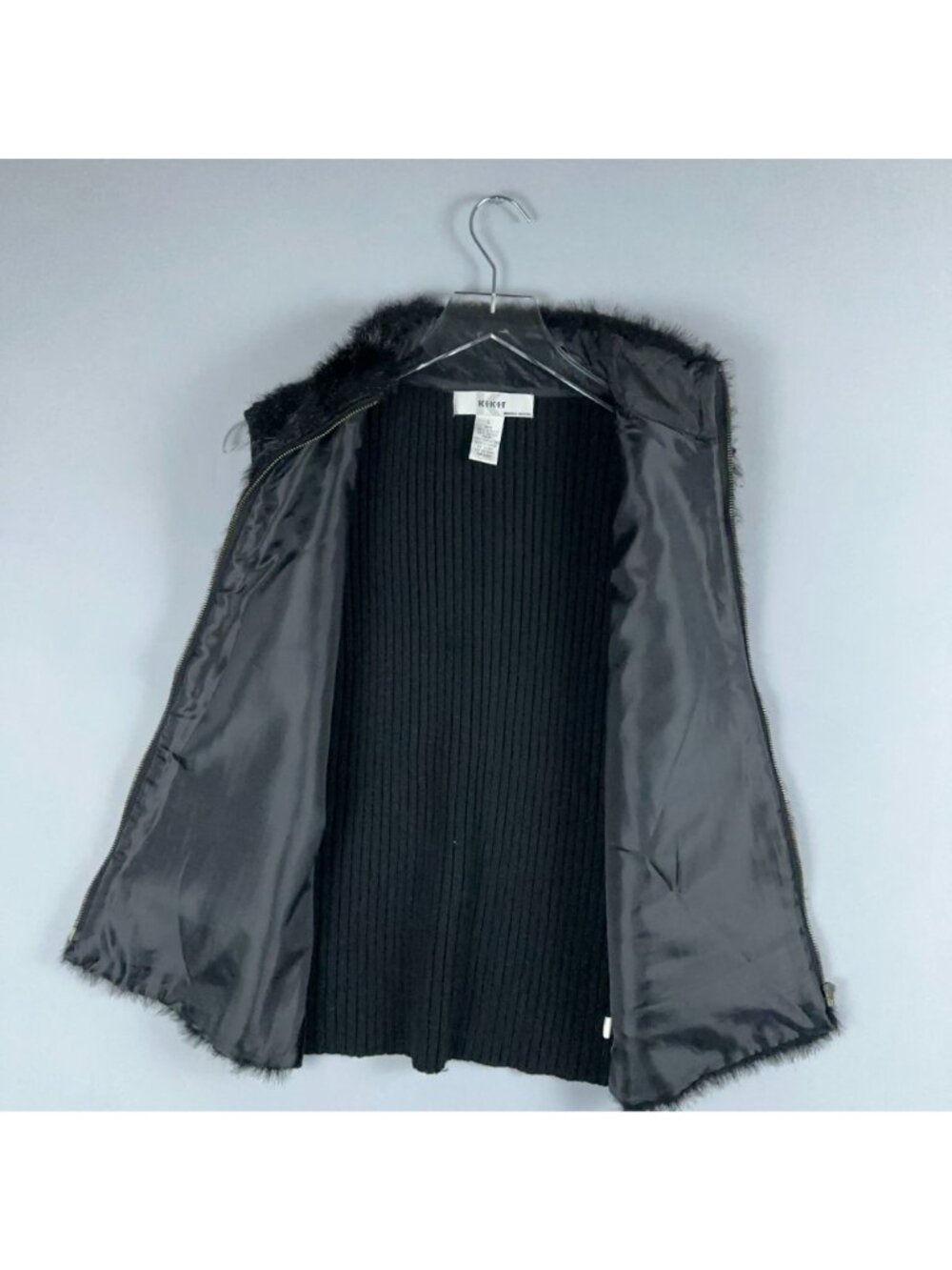 Kikit Maurice Sasson Faux Fur Vest Size Large Black Full Zip Ribbed Knit Back - Picture 7 of 12